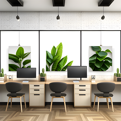 "Nature-Inspired Office Space: A Calming and Minimalist Work Env