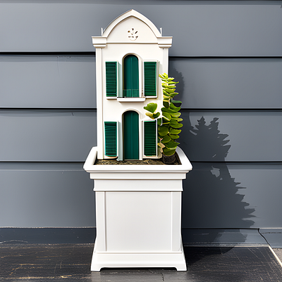 "A Miniature House in a White Planter"