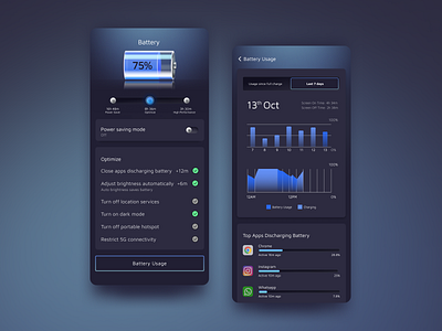 Battery Utility Function Screens battery blue darkmode gradient smartphone ui uidesign uiux uxdesign visualdesign