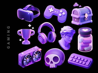 Vibrant cute gaming icons set 3d ai generated cartoon cheating cute gamepad gamer gamer skull gaming graphics card icons illustration isolated keyboard png set trendy vibrant vr helmet winner cup