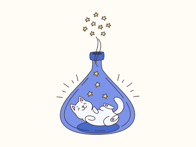 Genie cat in a magic bottle 2d bottle cartoon cat character cute genie illustration jar kitten magic potion spell sticker vector wish
