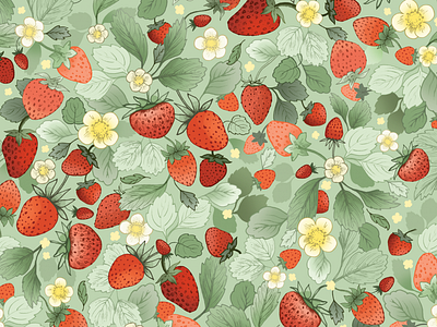 Strawberry Fields Forever Surface Pattern Design all over apparel botanic art botanical composition fabric print fruit hand drawn home decor illustration seamless pattern stationery design strawberries surface pattern design textile design