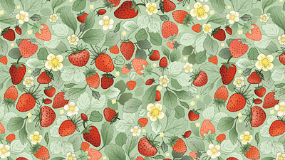 Strawberry Fields Forever Surface Pattern Design all over apparel botanic art botanical composition fabric print fruit hand drawn home decor illustration seamless pattern stationery design strawberries surface pattern design textile design