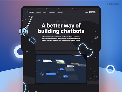 Design of landing page for new chatbot builder | ChatBot product blue design blue website branding chatbot design designer drawing figma graphic design illustration landing page landing page design saas product saas web design ui ux web design website