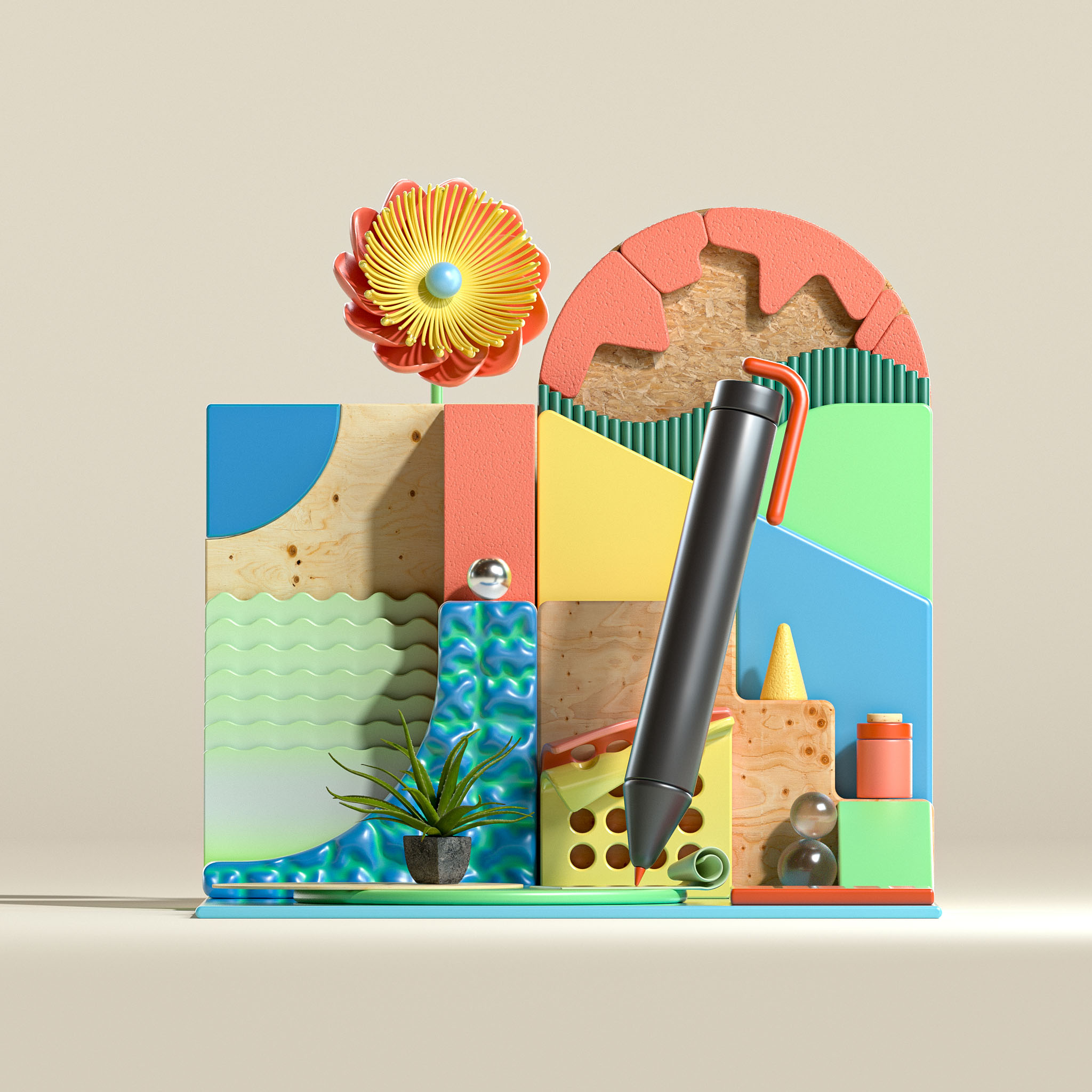 Playful Desk 3d c4d desk editorial flower graphic design illustration motion playful ui wacom