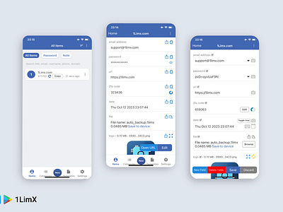 Mobile App UI - 1LimX Item List, Item View, Item Edit Form (New) app app design apple data decryption design encryption file ios iphone key offline password keeper password manager privacy secure security sensitive ui ui design