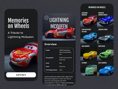 Lightning Mcqueen app cars clean dark mode design disney mobile modern pixar toy ui ux