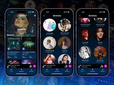 Vault Music - See All Artists app app design artists brand clean design feature graphic design music music app music artists new feature product design see all see all artists simple ui ui design user interface ux