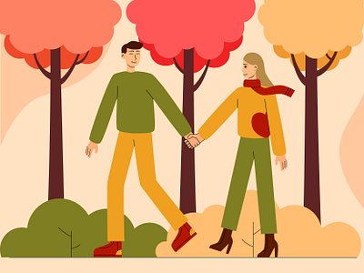 Autumn Walk autumn flat flat design flat illustration graphic design illustration illustrator lovers pair people vector walk