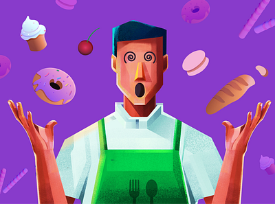 Spinning in sweet delight baker bakery breads cakes candies chef dessert digital illustration donuts food graphic design illustration maccrons man purple surprised sweet food
