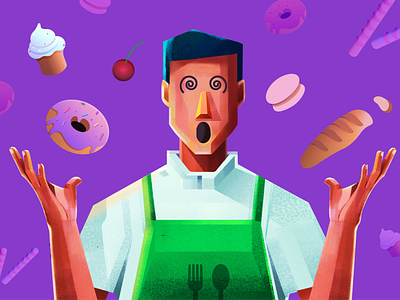 Spinning in sweet delight baker bakery breads cakes candies chef dessert digital illustration donuts food graphic design illustration maccrons man purple surprised sweet food