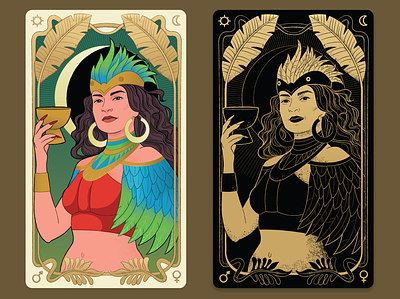 Tarot-themed mini-game illustrations 2d astrology aztec bird card character feather flat gradient ill illustration people plant tarot texture tropic vector woman