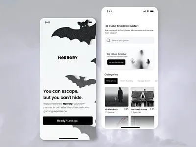 Horrory black clean design halloween home horror ios landing menu minimal mobile mobile design monochrome native spooky trend ui user interface ux