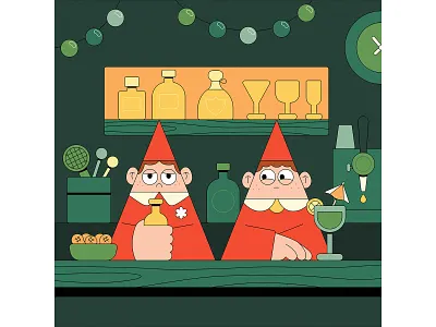 Overworked and Underpaid aobe bar christmas colleagues drinks elf glasses green humor illustration illustrator lights muti noise red tiered vector wood workfriends