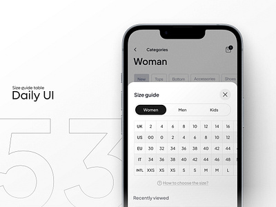Daily UI #53 - Size guide table app app design clean clothing dailyui design interface ios minimal mobile mobile app shopping size size chart size guide sizes table ui uiux ux