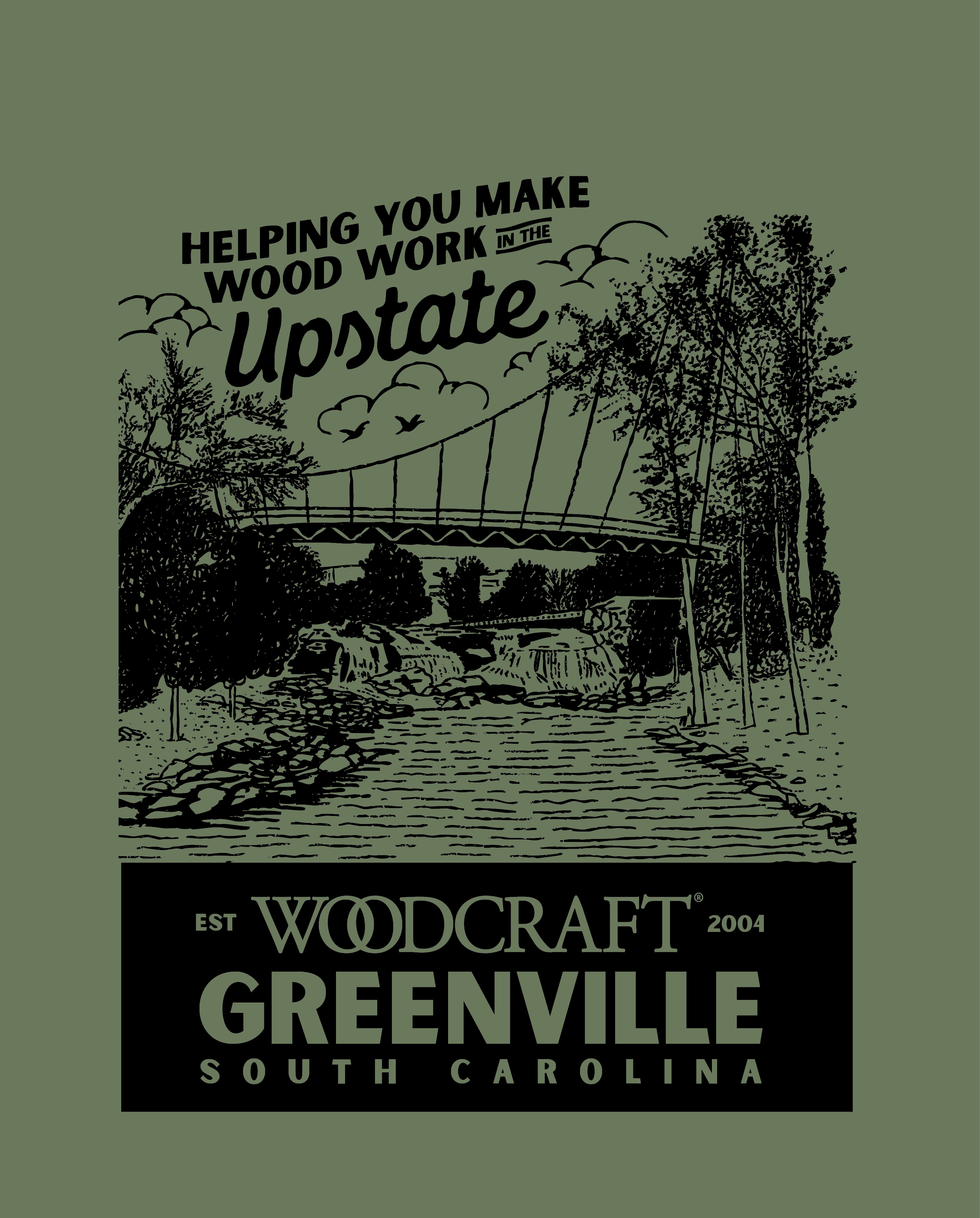 Woodcraft of Greenville Apparel Illustration bridge forest greenville illustration landscape lettering lumberjack nature outdoors rural rustic south south carolina southern trees waterfall wood woodcraft woods woodworking