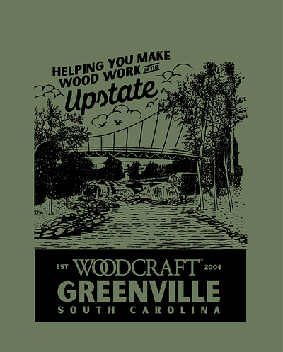 Woodcraft of Greenville Apparel Illustration bridge forest greenville illustration landscape lettering lumberjack nature outdoors rural rustic south south carolina southern trees waterfall wood woodcraft woods woodworking