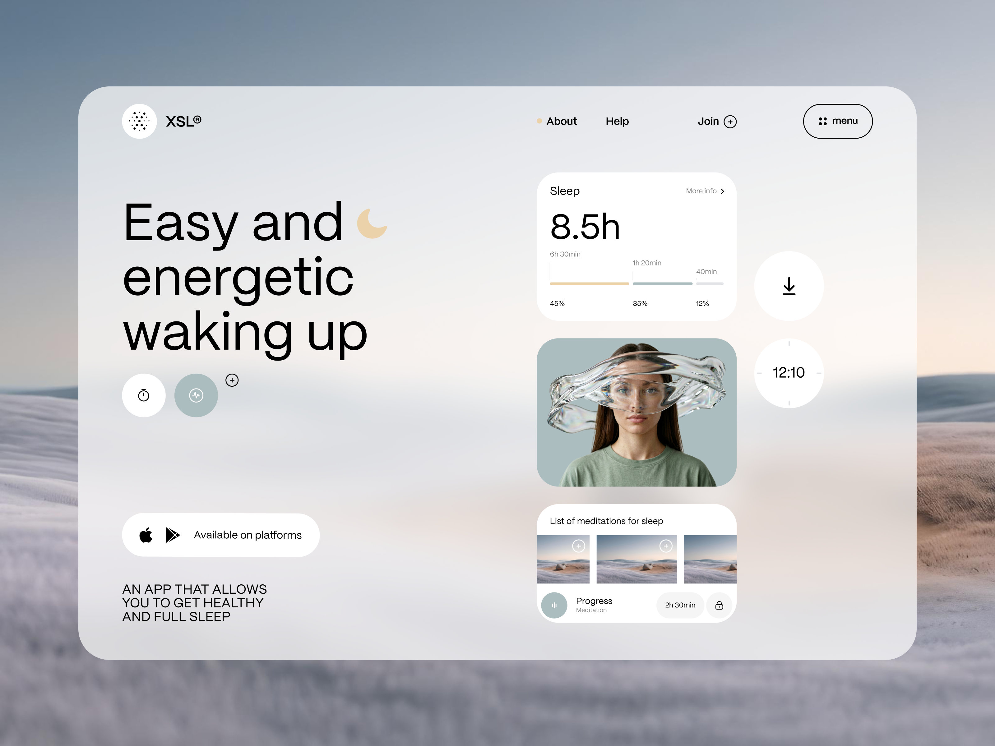 XSL® Sleep tracker app app cards glass header icons landing page minimalistic sleep web design