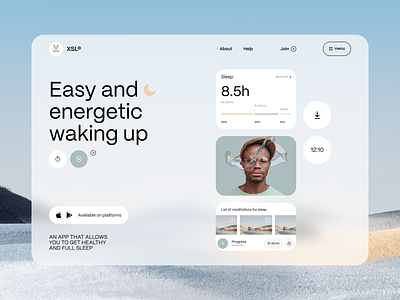 XSL® Sleep tracker app app cards glass header icons landing page minimalistic sleep web design