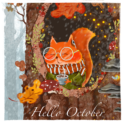 mood for autumn autumn character cozy cute fall illustration leaves procreate rain rainy squarel wood