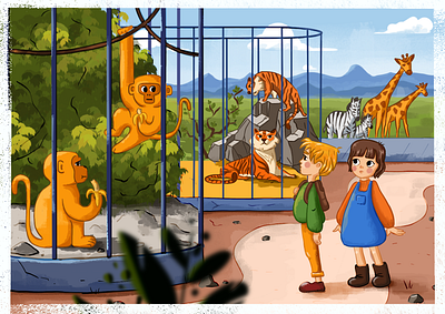 Kids in the Zoo boy cute girl illustration jiraf kids monkey procreate tiger zoo