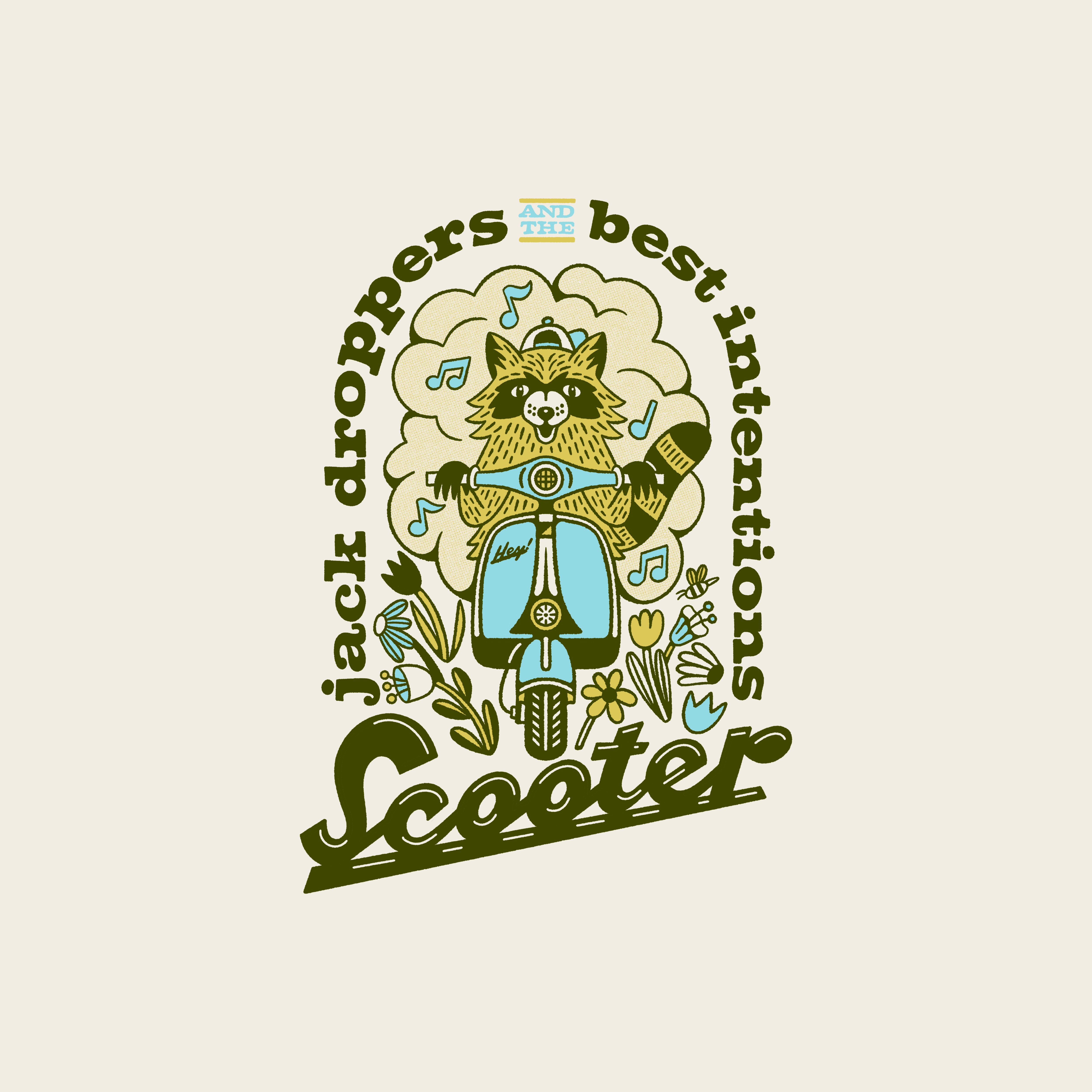Scooter animal flowers moped motorcycle n racoon rock roll scooter script tshirt vespa