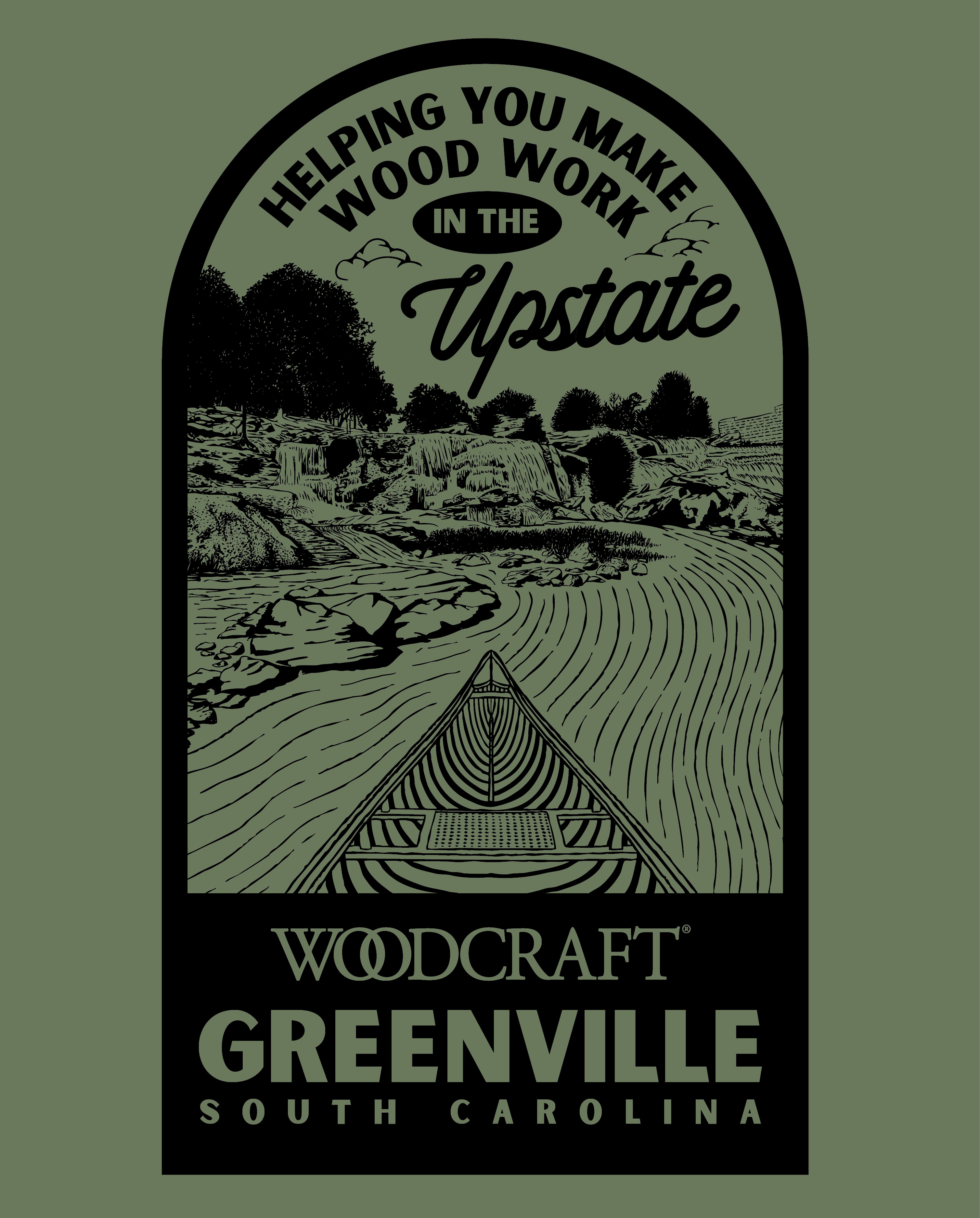Woodcraft of Greenville Apparel Illustration II boat boating fishing forest greenville illustration landscape lumberjack nature river rocks south carolina trees upstate water waterfall waterfalls wood woodcraft woodworking