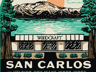 Woodcraft of San Carlos Sticker area bay california carlos illustration landscape lumberjack moutains ocean redwood san san carlos sequoia sticker storefront travel wood woodcraft woodwork woodworking