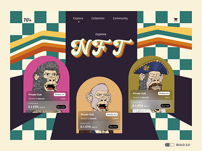 70s style NFT marketplace build 2.0 landing page nft ui website