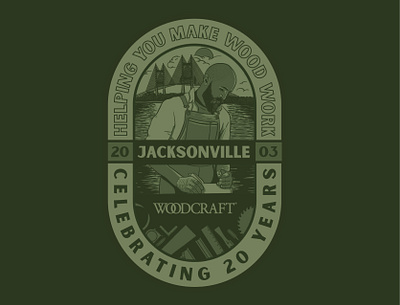Woodcraft of Jacksonville, 20th Anniversary II anniversary badge bridge florida hand illustration jacksonville plane swamp tools wood woodcraft woodshop woodworking
