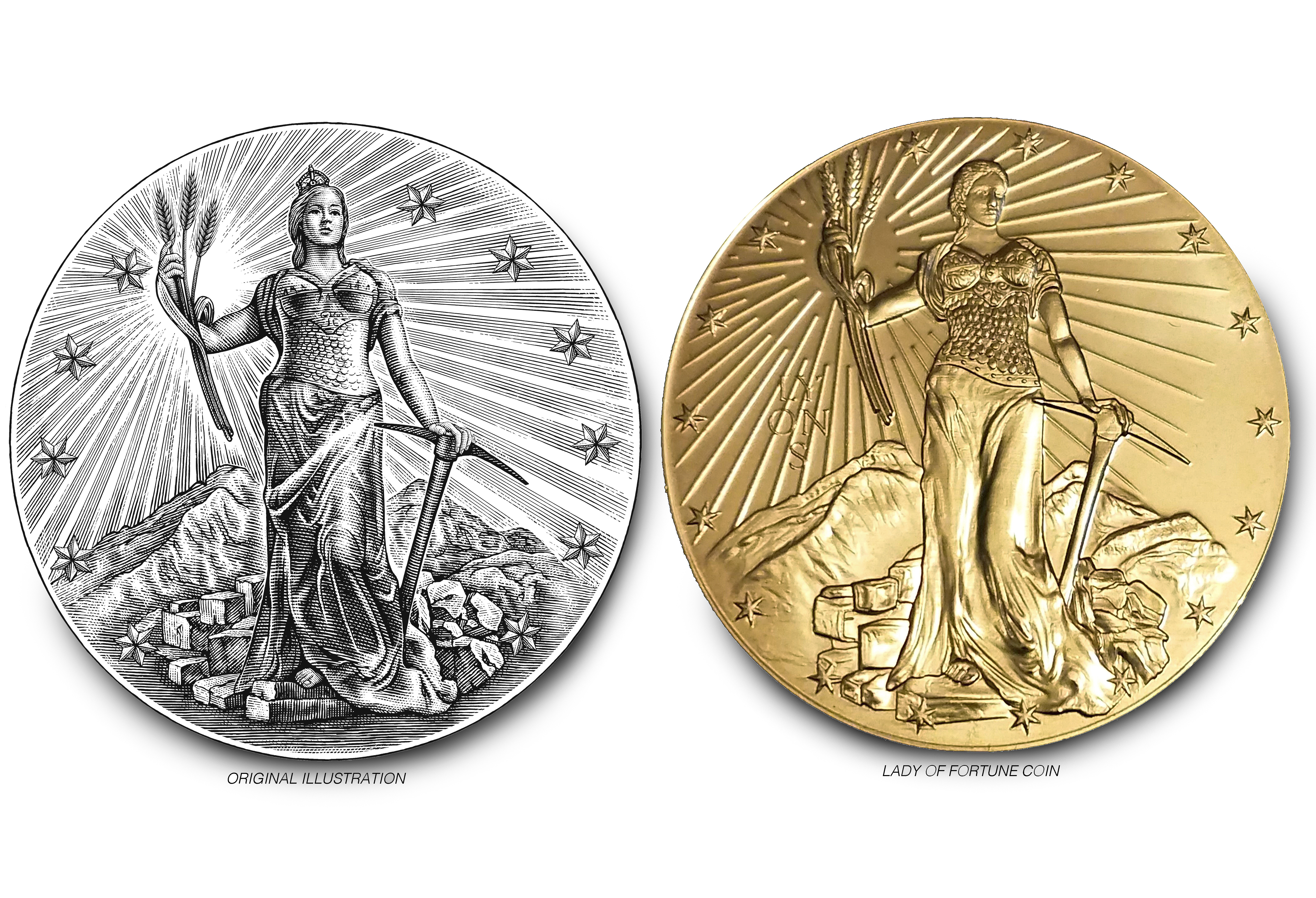 Gold Bar Whiskey Coin Illustrated by Steven Noble artwork branding currency design engraving etching illustration line art logo pen and ink portrait scratchboard steven noble woodcut