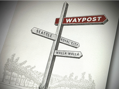 Waypost Wine Label Illustrated by Steven Noble artwork design engraving etching illustration ink line art linocut logo packaging scratchboard steven noble vineyard wine woodcut