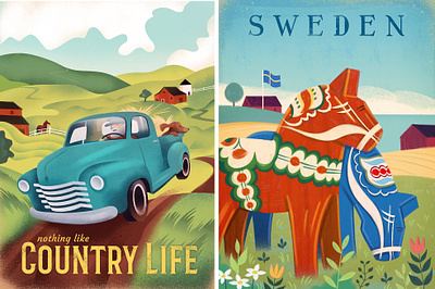 Travel Prints Retro Style branding country country life dala horse design europe farm gone country graphic art horses illustration poster poster design retro rural sweden travel vintage vintage car western