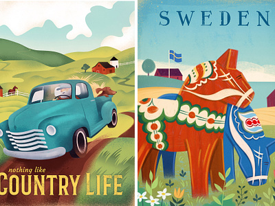 Travel Prints Retro Style branding country country life dala horse design europe farm gone country graphic art horses illustration poster poster design retro rural sweden travel vintage vintage car western