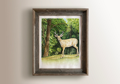 Young Buck Ink and Watercolor Painting black ink browns buck deer forest greenery greens horns leaves nature naturescape oak tans trees vines watercolor white tailed white tailed deer wildlife young