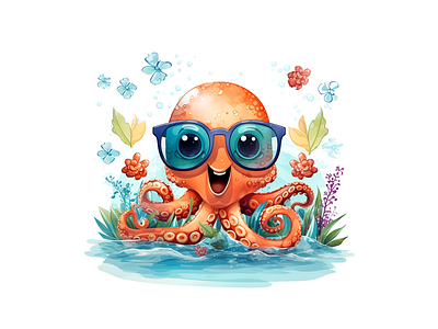 Octopus wearing glases smilling watercolor sea animal