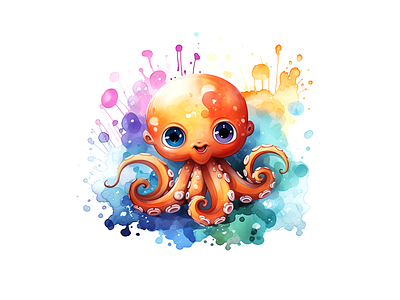 Cute octopus smilling on the colorfull splater watercolor sea animal
