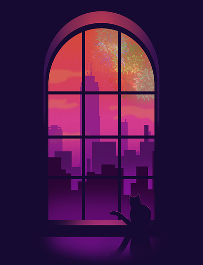 City skyline and fireworks at sunset 2d design fireworks graphic design illustration procreate skyline stylized window view