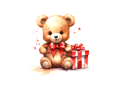 Cute teddy bear and red gift cheerful