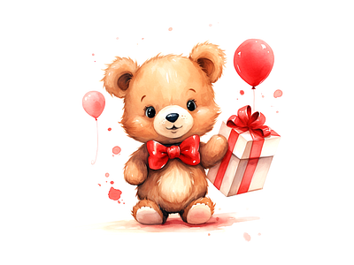 Cute teddy bear and red gift cheerful