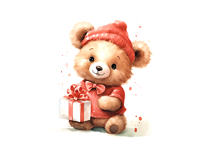 Cute teddy bear holding red gift illustration cheerful