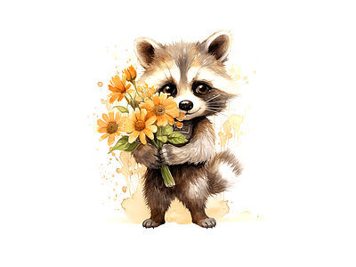 cute raccoon carrying flowers cheerful