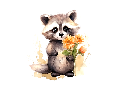 cute raccoon carrying flowers cheerful