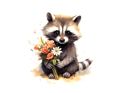 cute raccoon carrying flowers cheerful