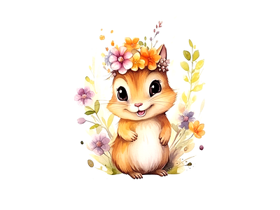 cute chipmunk wearing flower crown cheerful