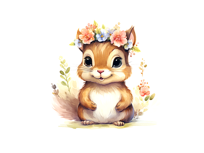 cute chipmunk wearing flower crown animal cheerful design dress up illustration joyful kids art watercolor