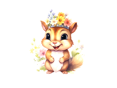 cute chipmunk wearing flower crown animal cheerful design illustration joyful kids art watercolor