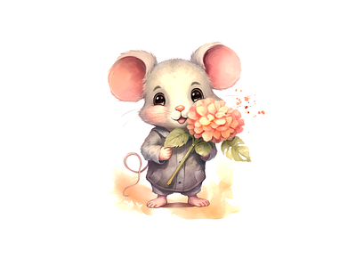 cute mouse carrying flower cute desing illustration kids art mouse watercolor