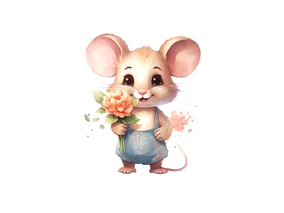 cute mouse carrying flower craft cute illustration kids mouse playfull watercolor