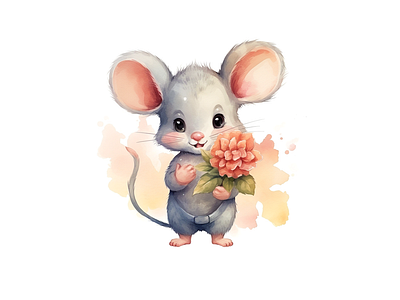 cute mouse carrying flowers animal cheerful illustration joyful kids art mouse watercolor